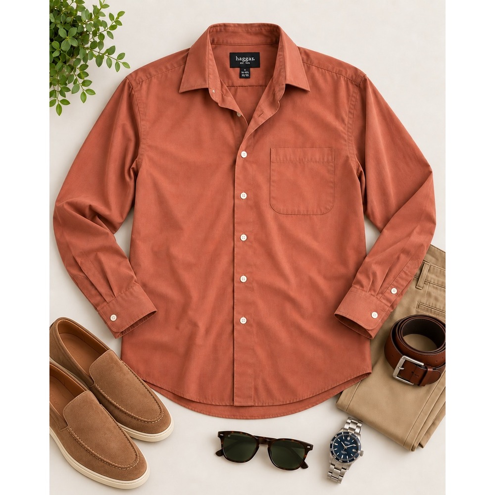 Haggar Mens Long Sleeve Button Down Shirt Rust Orange Size L 16-16.5 32/33
